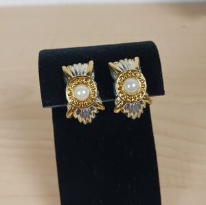 Vintage Jordache Gold And Silver Tone Faux Pearl Clip On Earrings 80s Mcm Chunky